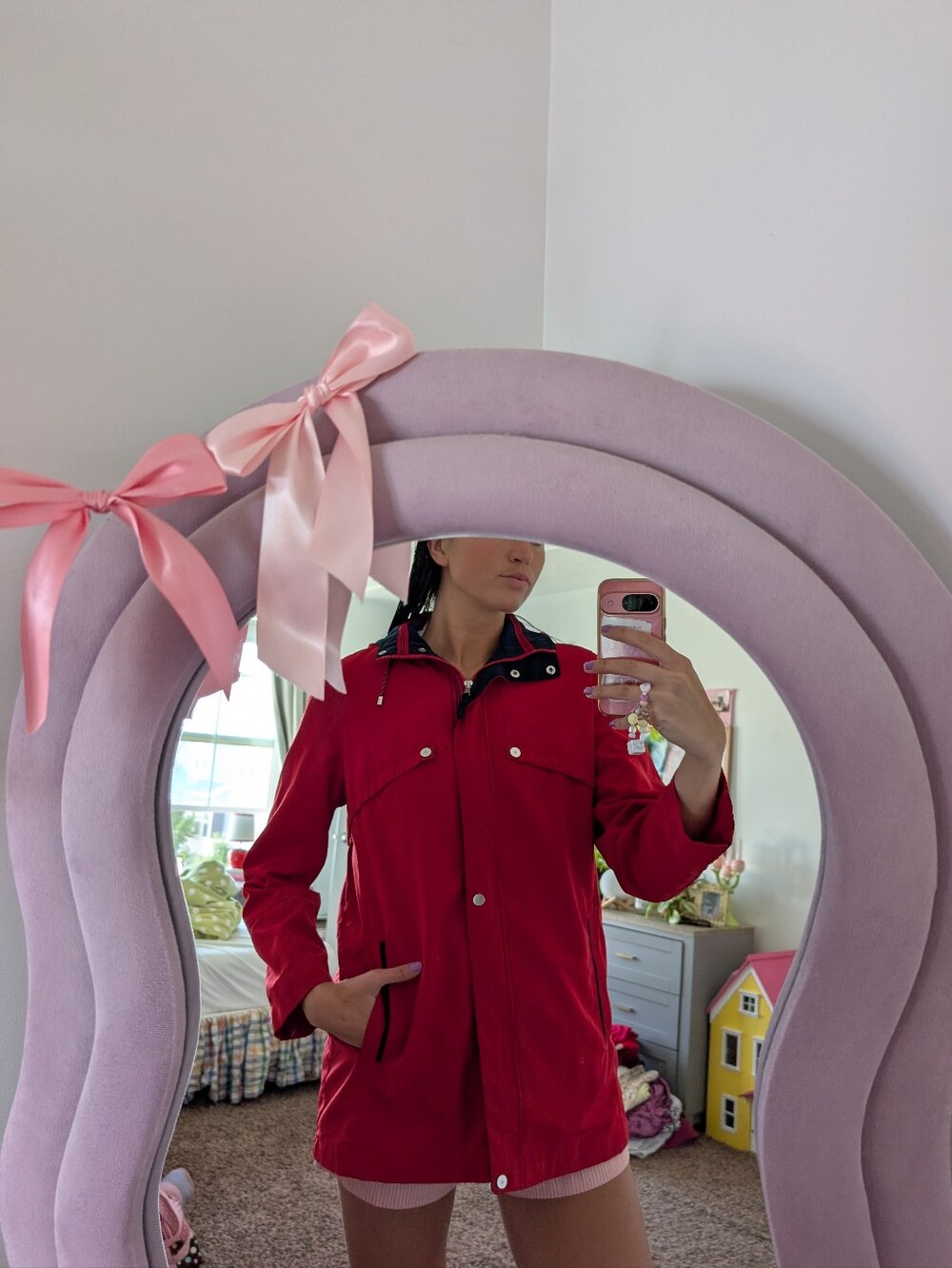 Vintage Red Hooded Rain Jacket Size Small - Striped Lining And Removable Hood